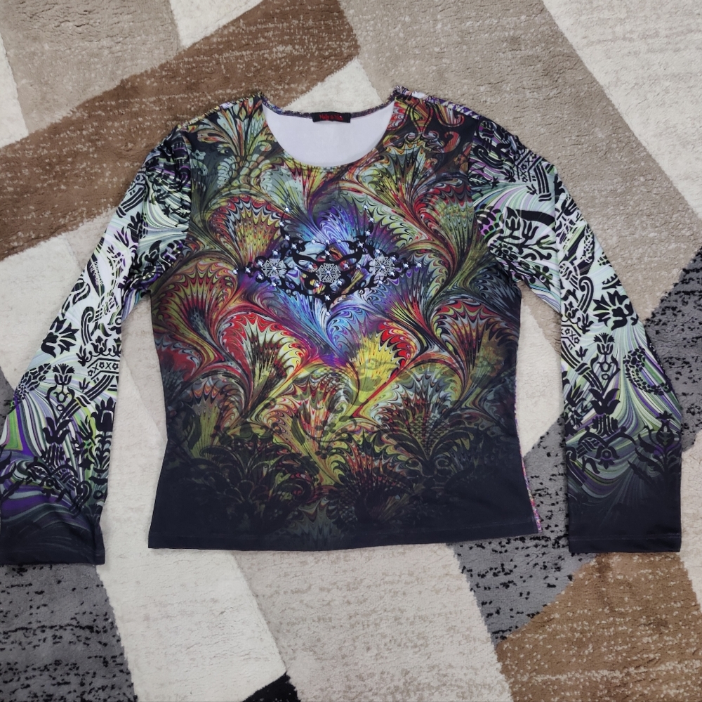 Nally And Millie Bejeweled Womens Multicolor Abstract Stretchy Blouse Sz XL
